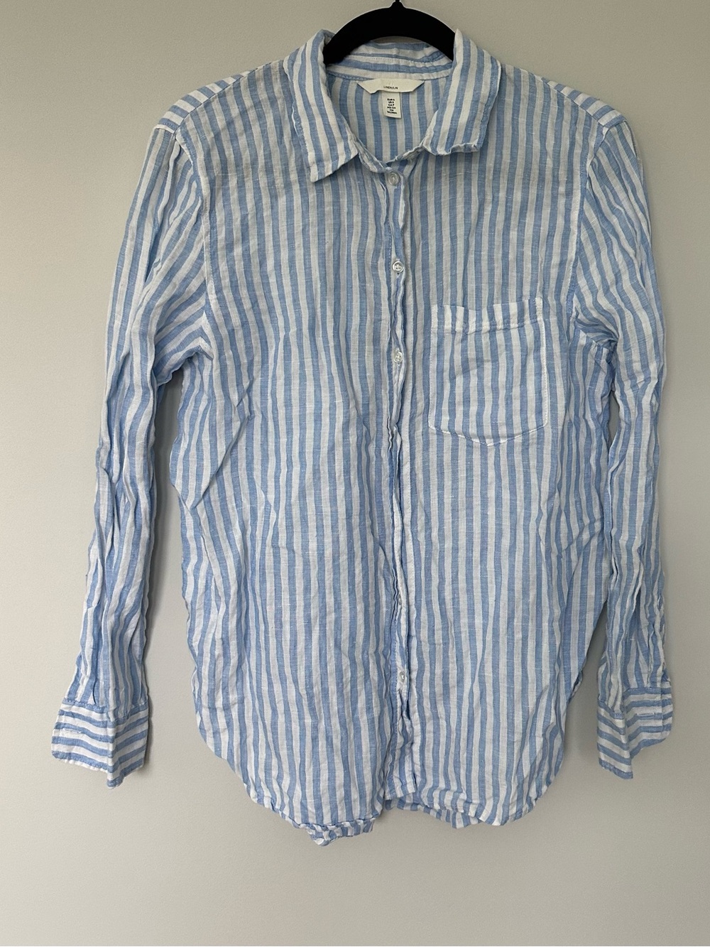 H&M Womans S Blue/White Striped Linen Long Sleeve Button-Up Shirt Pockets Breezy